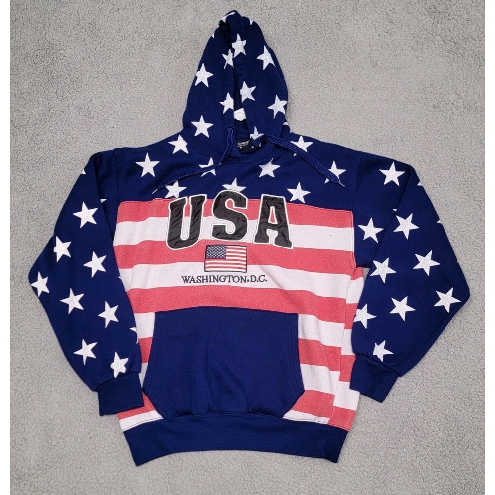 American Flag Hoodie Mens Medium Washington DC USA Red White Blue Stars Stripes